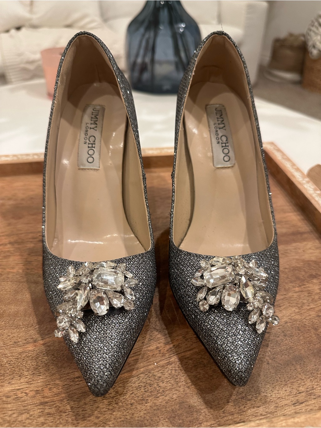 Jimmy Choo Silver Crystal-Embellished Pointed Toe Heels